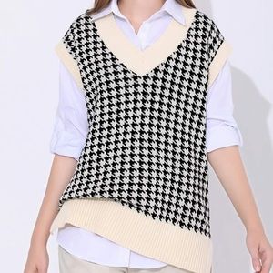 Houndstooth Knotted Sweater Vest, V neck, Loose